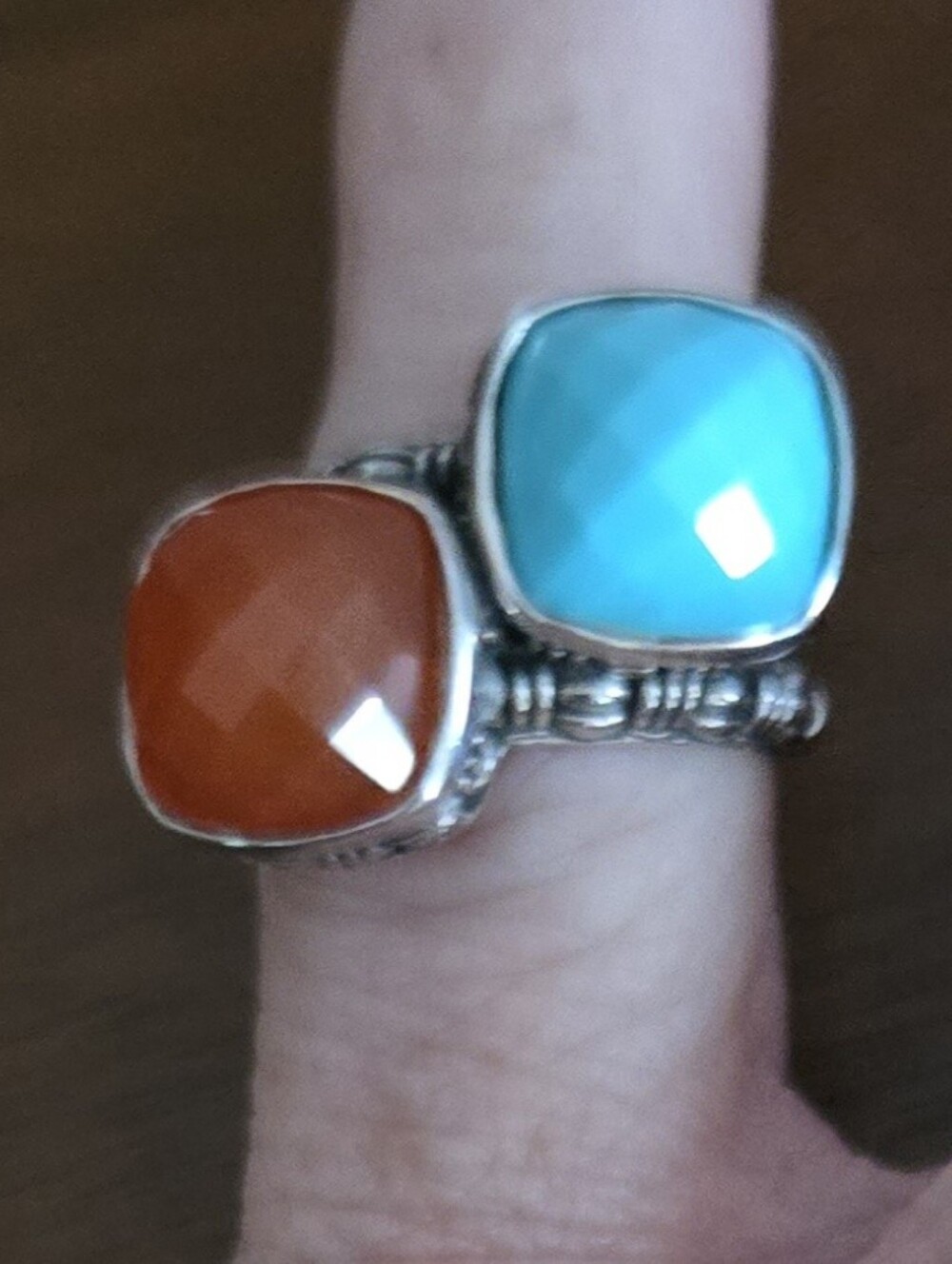 EUC Hilary Joy Faceted Turqouise And Carnelian Stacked Silver Ring